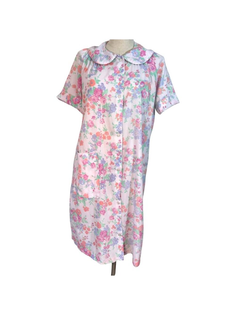VTG JCPenney Women Floral Robe Peter Pan Collar Short Sleeves Snap Front Size 16